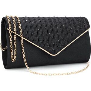 ⚡  Women's Evening Rhinestones Envelope Style Chain Strap Black Clutch Handbag